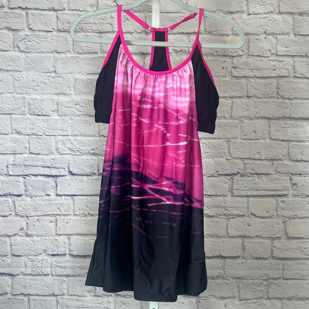Women's L Pink Black Tankini Swim Dress Convertible Bottom Set
